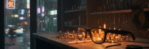A pair of ordinary-looking black glasses on a workbench at night, with a miniature city of orange light and a suspension bridge rising out of the lenses