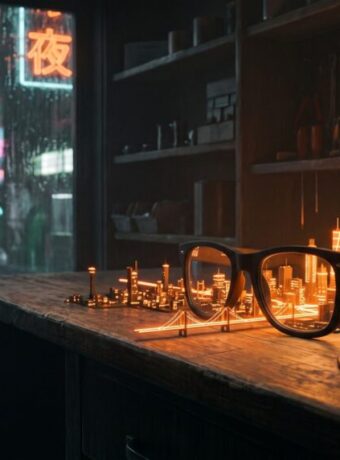 A pair of ordinary-looking black glasses on a workbench at night, with a miniature city of orange light and a suspension bridge rising out of the lenses