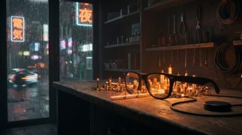 A pair of ordinary-looking black glasses on a workbench at night, with a miniature city of orange light and a suspension bridge rising out of the lenses