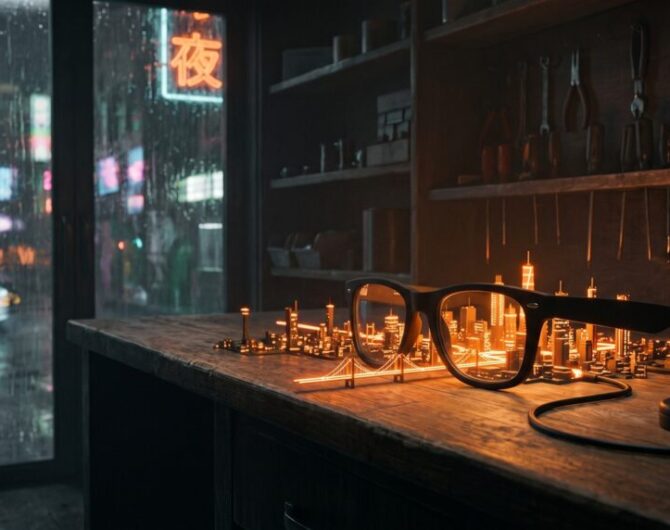 A pair of ordinary-looking black glasses on a workbench at night, with a miniature city of orange light and a suspension bridge rising out of the lenses