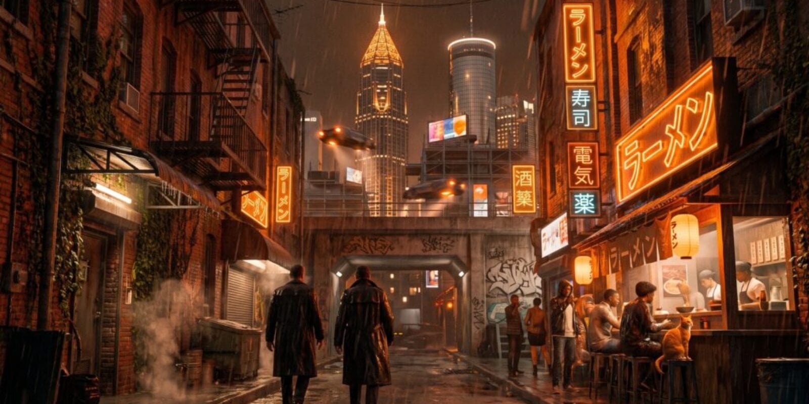 Two detectives in long coats walk a rain-soaked brick street past a ramen stall, with flying cars overhead and a retrofitted downtown skyline rising beyond the underpass