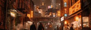 Two detectives in long coats walk a rain-soaked brick street past a ramen stall, with flying cars overhead and a retrofitted downtown skyline rising beyond the underpass