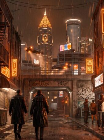 Two detectives in long coats walk a rain-soaked brick street past a ramen stall, with flying cars overhead and a retrofitted downtown skyline rising beyond the underpass