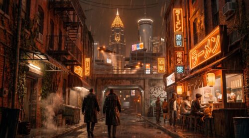 Two detectives in long coats walk a rain-soaked brick street past a ramen stall, with flying cars overhead and a retrofitted downtown skyline rising beyond the underpass