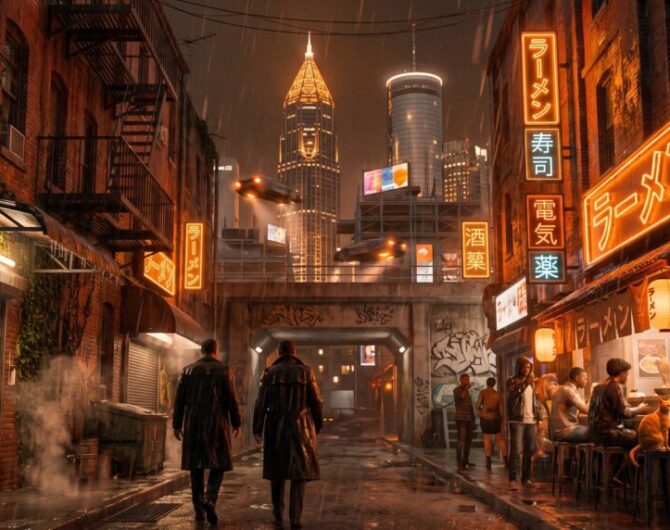 Two detectives in long coats walk a rain-soaked brick street past a ramen stall, with flying cars overhead and a retrofitted downtown skyline rising beyond the underpass