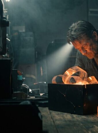 Skilled artisan working with glowing metal in a high-tech workshop.