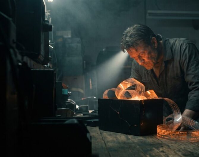 Skilled artisan working with glowing metal in a high-tech workshop.