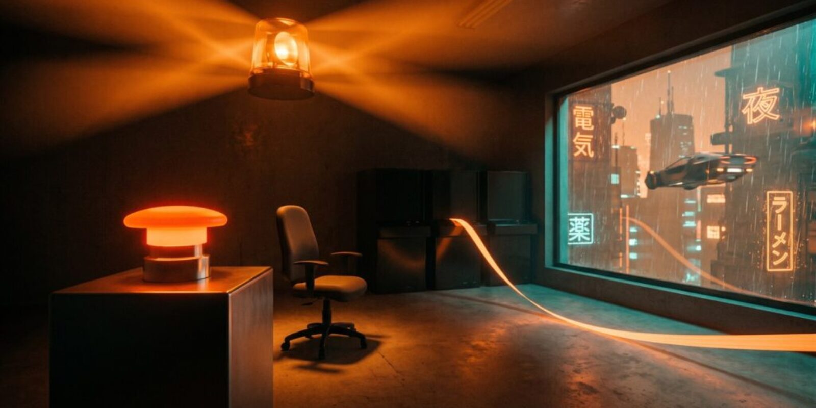 A warning beacon spins over an empty machine room as a glowing emergency stop button sits unpressed and a ribbon of orange light streams out through the window into a rain-soaked neon city