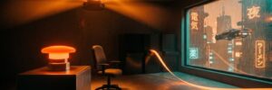 A warning beacon spins over an empty machine room as a glowing emergency stop button sits unpressed and a ribbon of orange light streams out through the window into a rain-soaked neon city