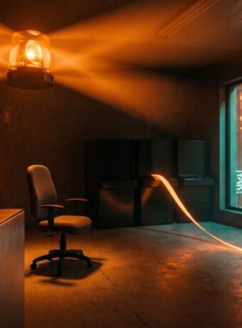 A warning beacon spins over an empty machine room as a glowing emergency stop button sits unpressed and a ribbon of orange light streams out through the window into a rain-soaked neon city