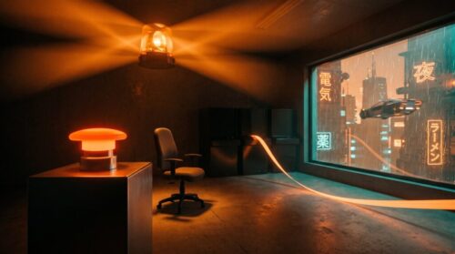 A warning beacon spins over an empty machine room as a glowing emergency stop button sits unpressed and a ribbon of orange light streams out through the window into a rain-soaked neon city