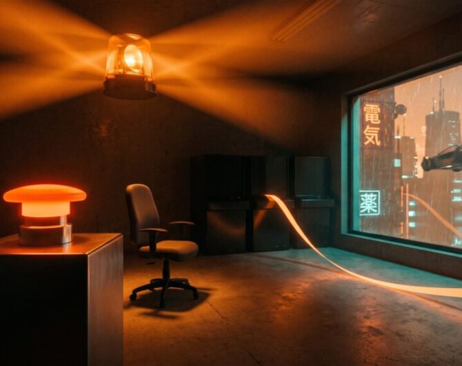 A warning beacon spins over an empty machine room as a glowing emergency stop button sits unpressed and a ribbon of orange light streams out through the window into a rain-soaked neon city