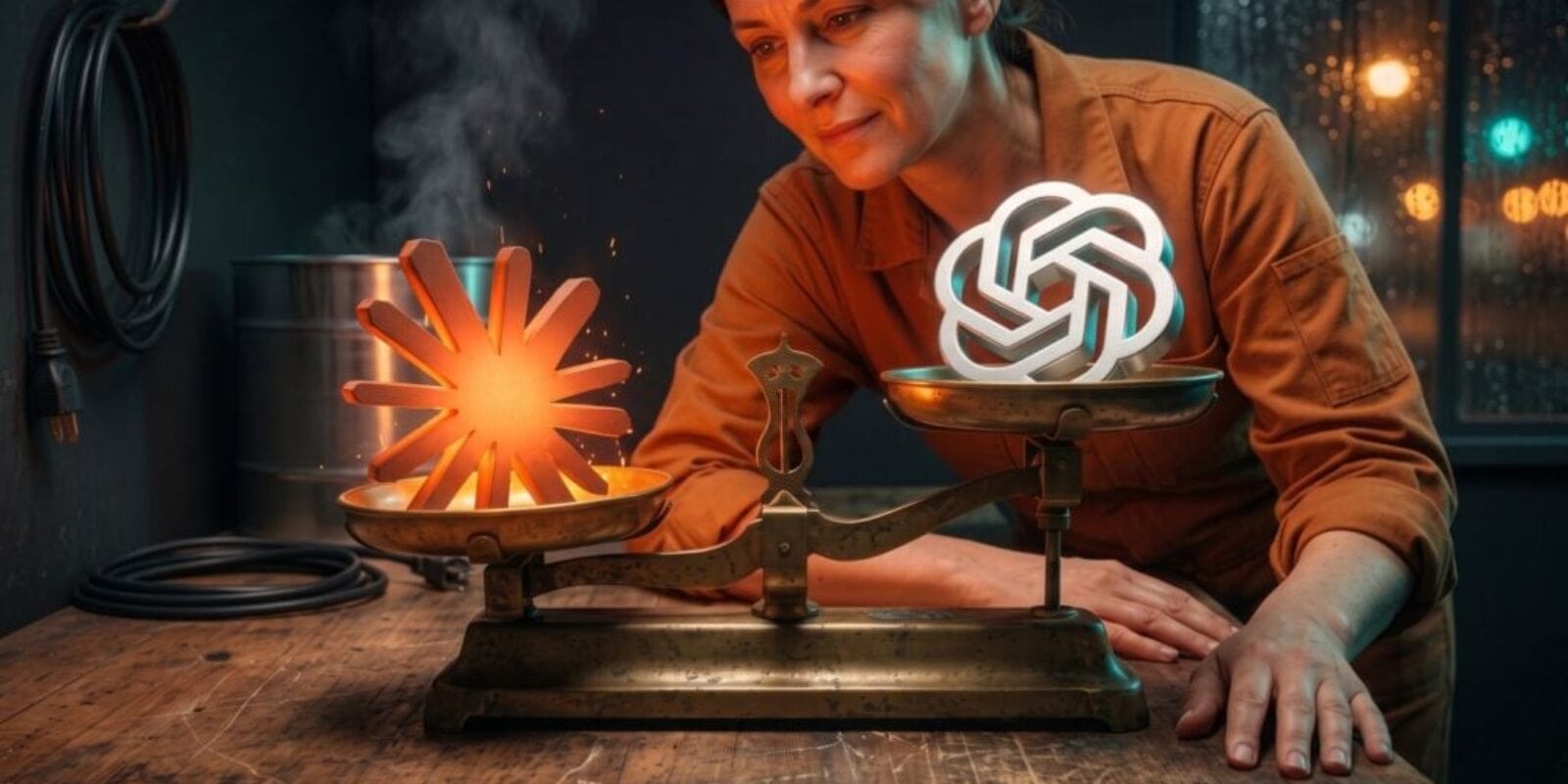 A repair shop owner studies an old brass balance scale on her workbench, the glowing orange Claude logo in the lower left pan and the white ChatGPT logo riding higher in the right pan.