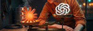 A repair shop owner studies an old brass balance scale on her workbench, the glowing orange Claude logo in the lower left pan and the white ChatGPT logo riding higher in the right pan.