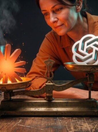 A repair shop owner studies an old brass balance scale on her workbench, the glowing orange Claude logo in the lower left pan and the white ChatGPT logo riding higher in the right pan.