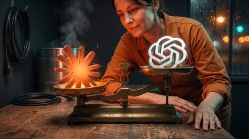 A repair shop owner studies an old brass balance scale on her workbench, the glowing orange Claude logo in the lower left pan and the white ChatGPT logo riding higher in the right pan.