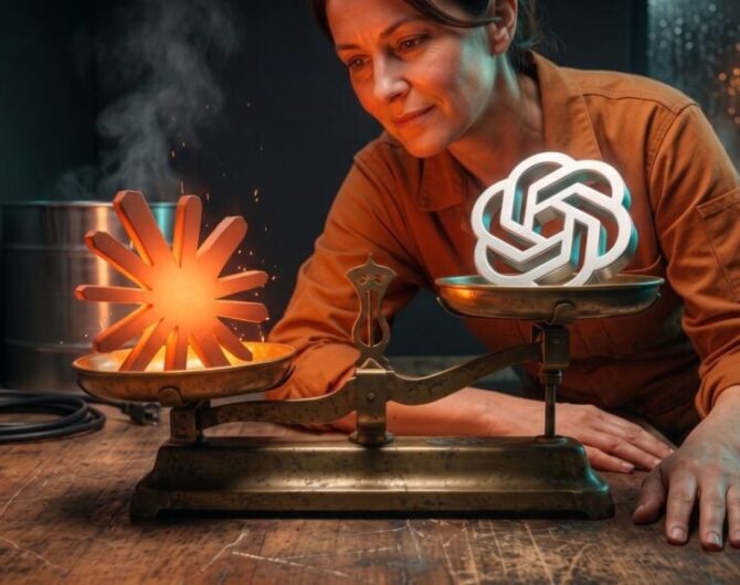 A repair shop owner studies an old brass balance scale on her workbench, the glowing orange Claude logo in the lower left pan and the white ChatGPT logo riding higher in the right pan.