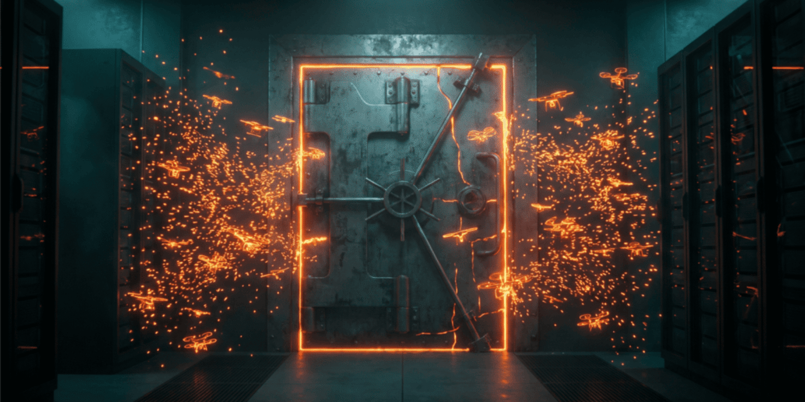 High-tech vault door with sparks and glowing frame in a data center.