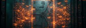 High-tech vault door with sparks and glowing frame in a data center.