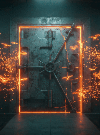 High-tech vault door with sparks and glowing frame in a data center.