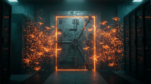 High-tech vault door with sparks and glowing frame in a data center.