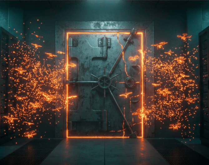 High-tech vault door with sparks and glowing frame in a data center.