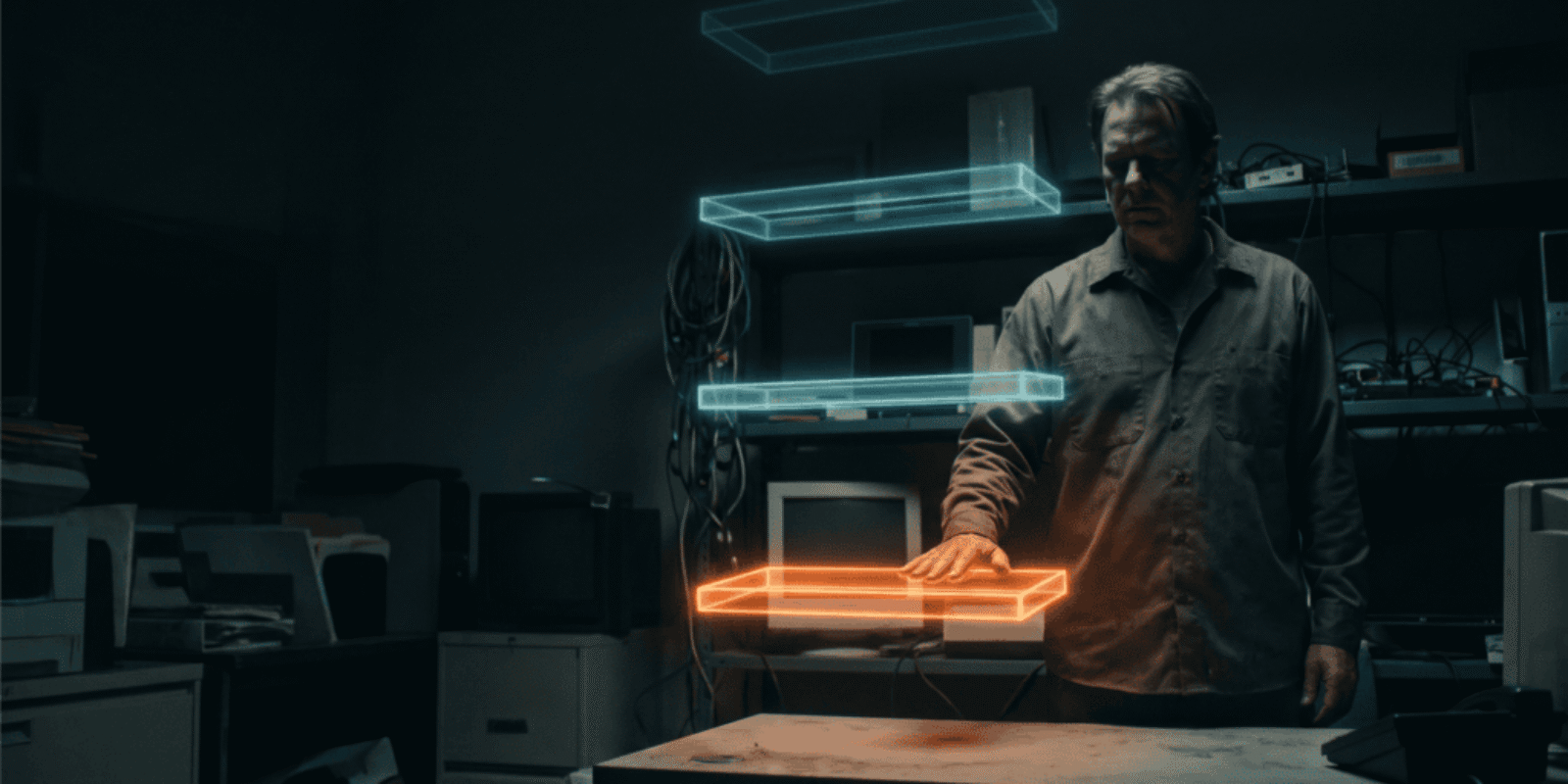 Researcher working with holographic AI interfaces in a high-tech lab.