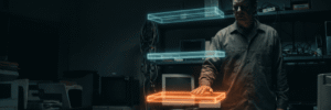 Researcher working with holographic AI interfaces in a high-tech lab.