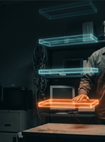 Researcher working with holographic AI interfaces in a high-tech lab.