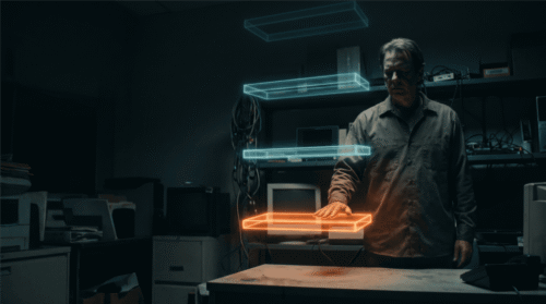 Researcher working with holographic AI interfaces in a high-tech lab.
