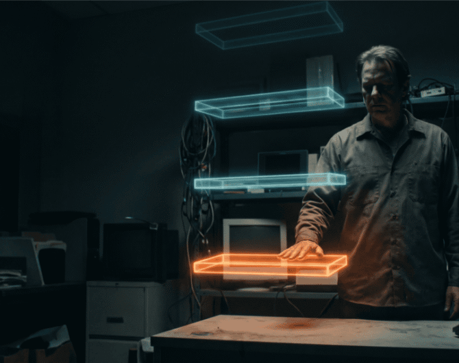 Researcher working with holographic AI interfaces in a high-tech lab.