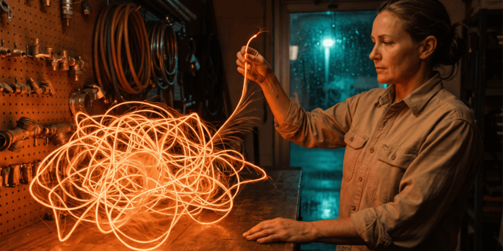 A small plumbing business owner draws one glowing strand clear of a tangled mass of orange light resting on her shop counter