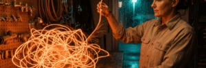 A small plumbing business owner draws one glowing strand clear of a tangled mass of orange light resting on her shop counter