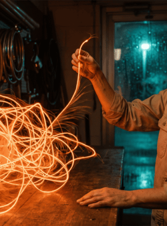 A small plumbing business owner draws one glowing strand clear of a tangled mass of orange light resting on her shop counter