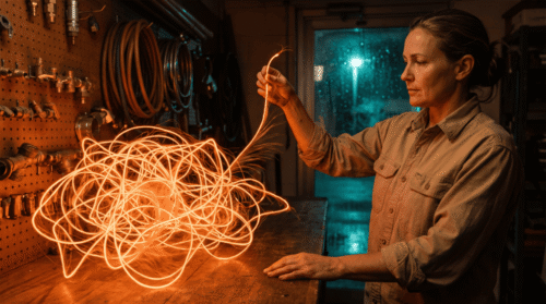 A small plumbing business owner draws one glowing strand clear of a tangled mass of orange light resting on her shop counter