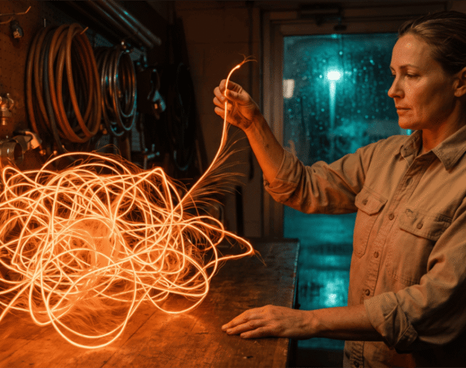 A small plumbing business owner draws one glowing strand clear of a tangled mass of orange light resting on her shop counter