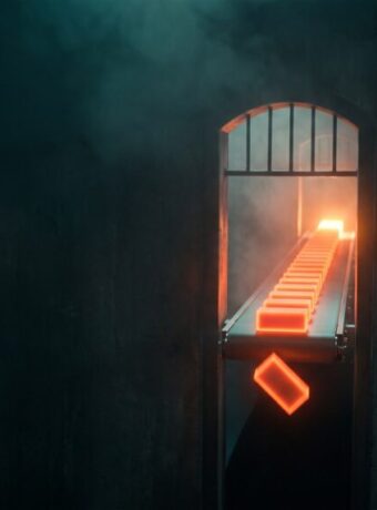 Man observing a glowing orange conveyor belt in a dark industrial setting.