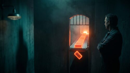 Man observing a glowing orange conveyor belt in a dark industrial setting.