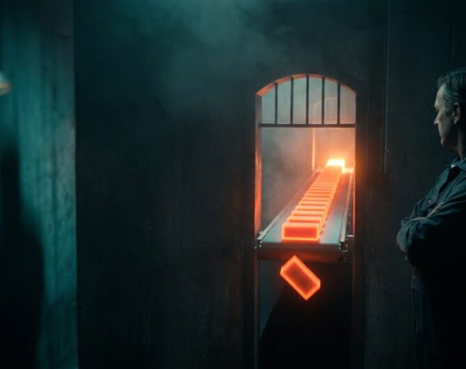 Man observing a glowing orange conveyor belt in a dark industrial setting.