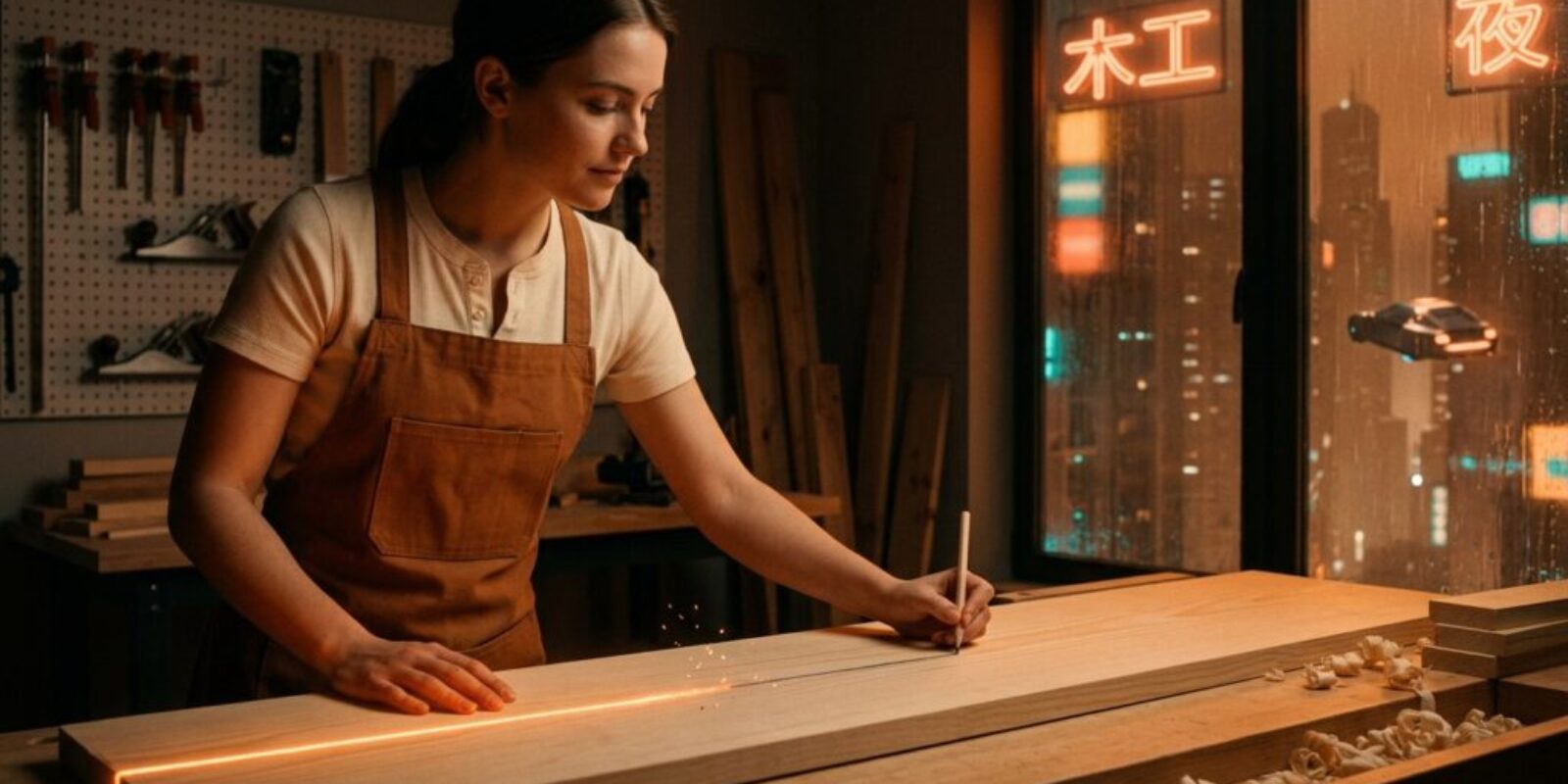 Female artisan working on wood project in a workshop at night.