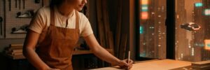 Female artisan working on wood project in a workshop at night.
