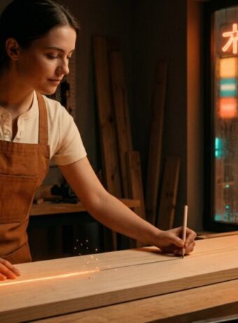 Female artisan working on wood project in a workshop at night.