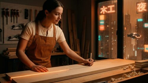 Female artisan working on wood project in a workshop at night.
