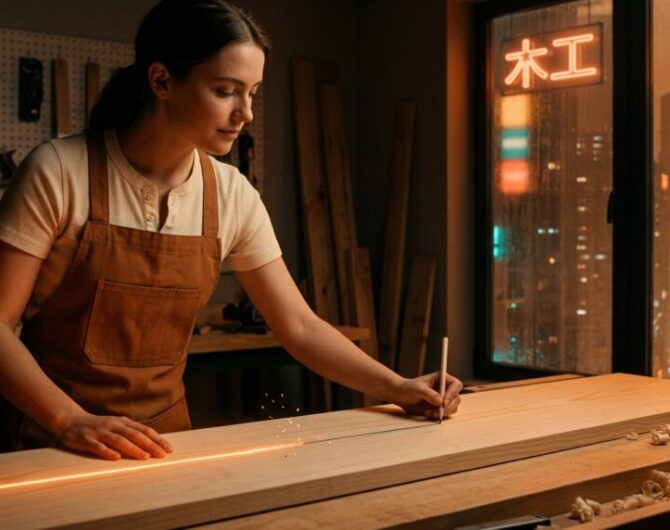 Female artisan working on wood project in a workshop at night.