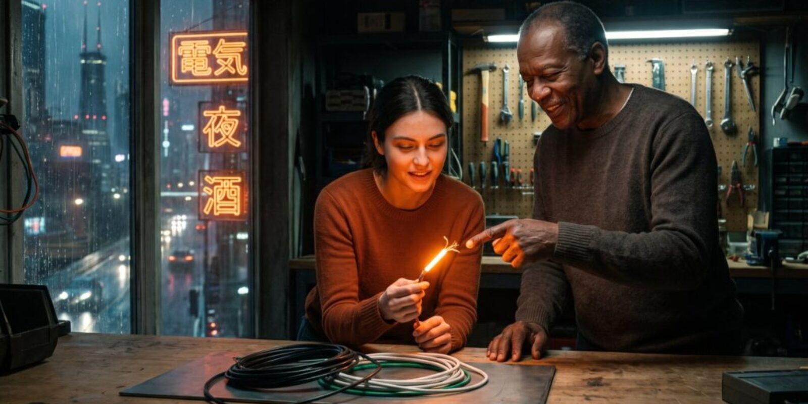 An apprentice electrician holds a wire glowing orange at the one mistake while a veteran electrician points to the same spot, a rainy neon city beyond the shop window