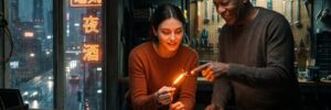An apprentice electrician holds a wire glowing orange at the one mistake while a veteran electrician points to the same spot, a rainy neon city beyond the shop window