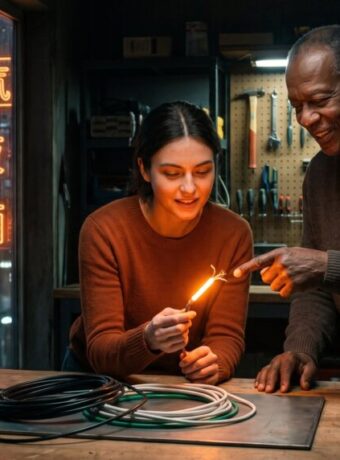 An apprentice electrician holds a wire glowing orange at the one mistake while a veteran electrician points to the same spot, a rainy neon city beyond the shop window