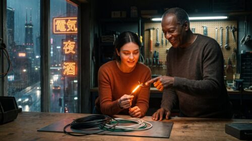 An apprentice electrician holds a wire glowing orange at the one mistake while a veteran electrician points to the same spot, a rainy neon city beyond the shop window