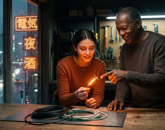 An apprentice electrician holds a wire glowing orange at the one mistake while a veteran electrician points to the same spot, a rainy neon city beyond the shop window