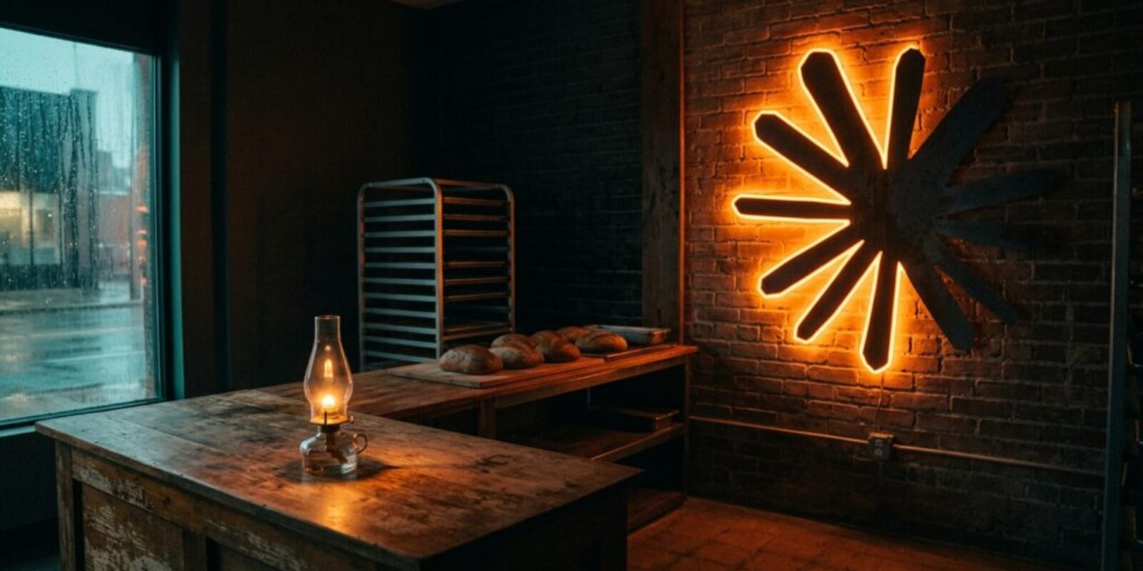A bakery before dawn with a Claude starburst sign on the brick wall, half its glow gone dark, while an oil lantern burns on the counter as a backup light